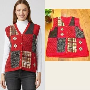 Grandma Boho Bohemians Button Down Crew  Neck Red Sweater Vest.